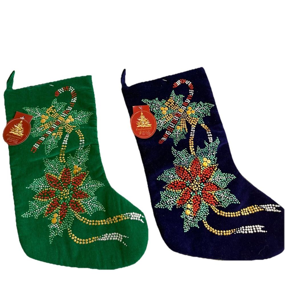 Vintage NEW Christmas Stocking Pair Blue Green Velvet Enchanted Forest Embellish